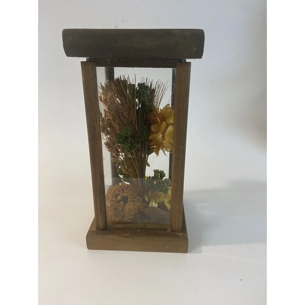 Vintage Dried Flower Glass Box on Wood Base And Top Cottagecore Rustic Country